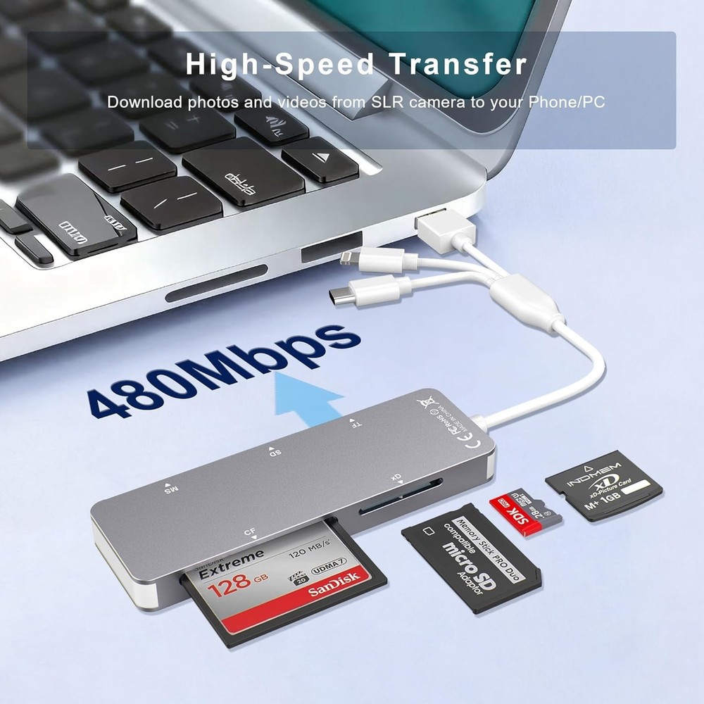 Aluminum 5-in-1 Memory Stick Pro Duo Adapter for iPhone/PC/Android, Lightning...