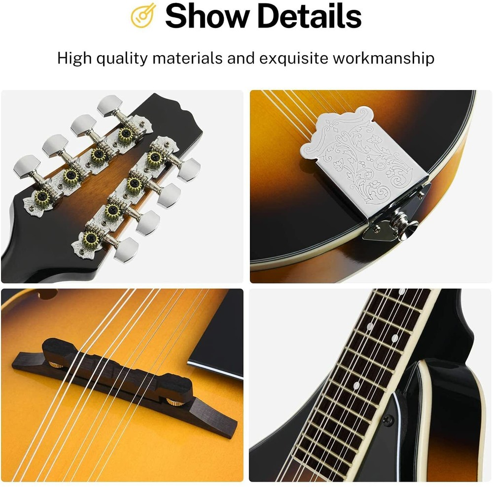 Mandolin Sunburst, 8 String Acoustic Mandolin w/Tuner, Strings, Bag,Picks