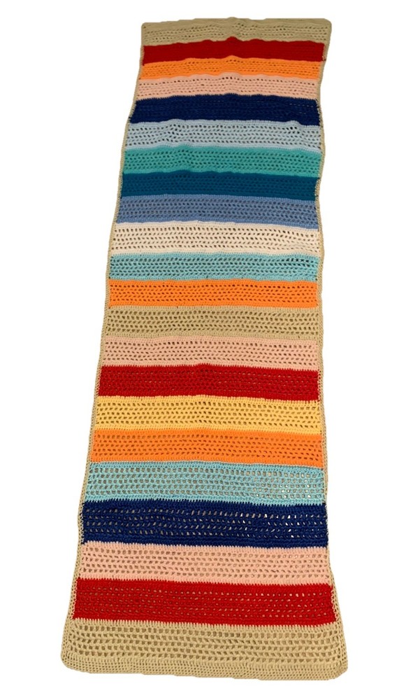 🌈 RETRO Boho - Hand-Crocheted Multicolour / Rainbow Striped Table Runner