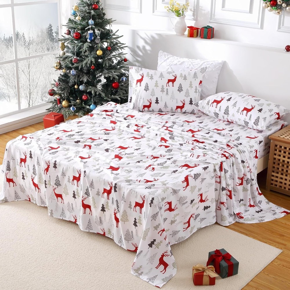 Reindeer Christmas Sheet Set 85gsm Brushed Polyester Winter Holiday Sheets Set