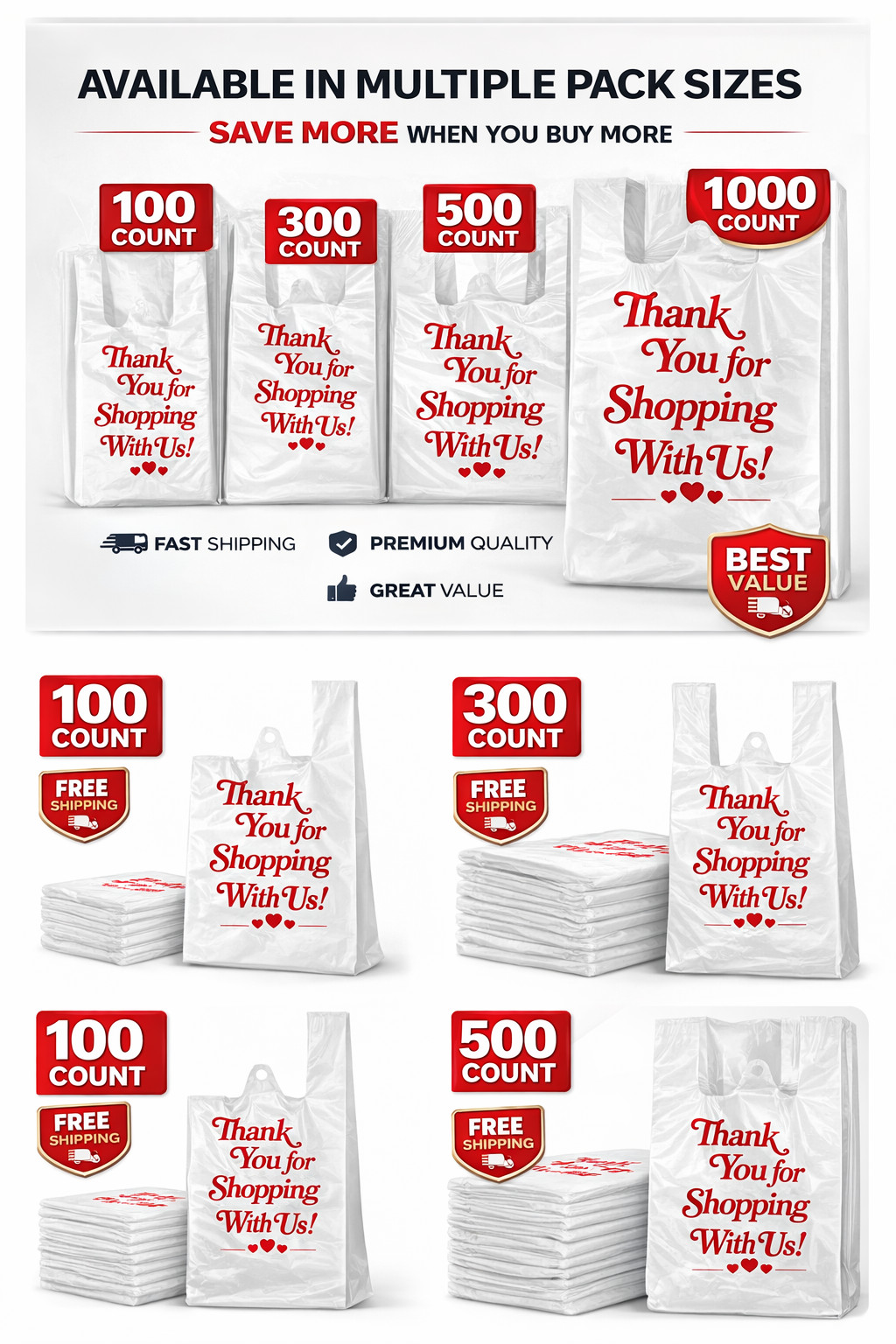 Thank You Plastic Bags Bulk 100 300 500 1000 Count | Strong Durable T-Shirt Bags