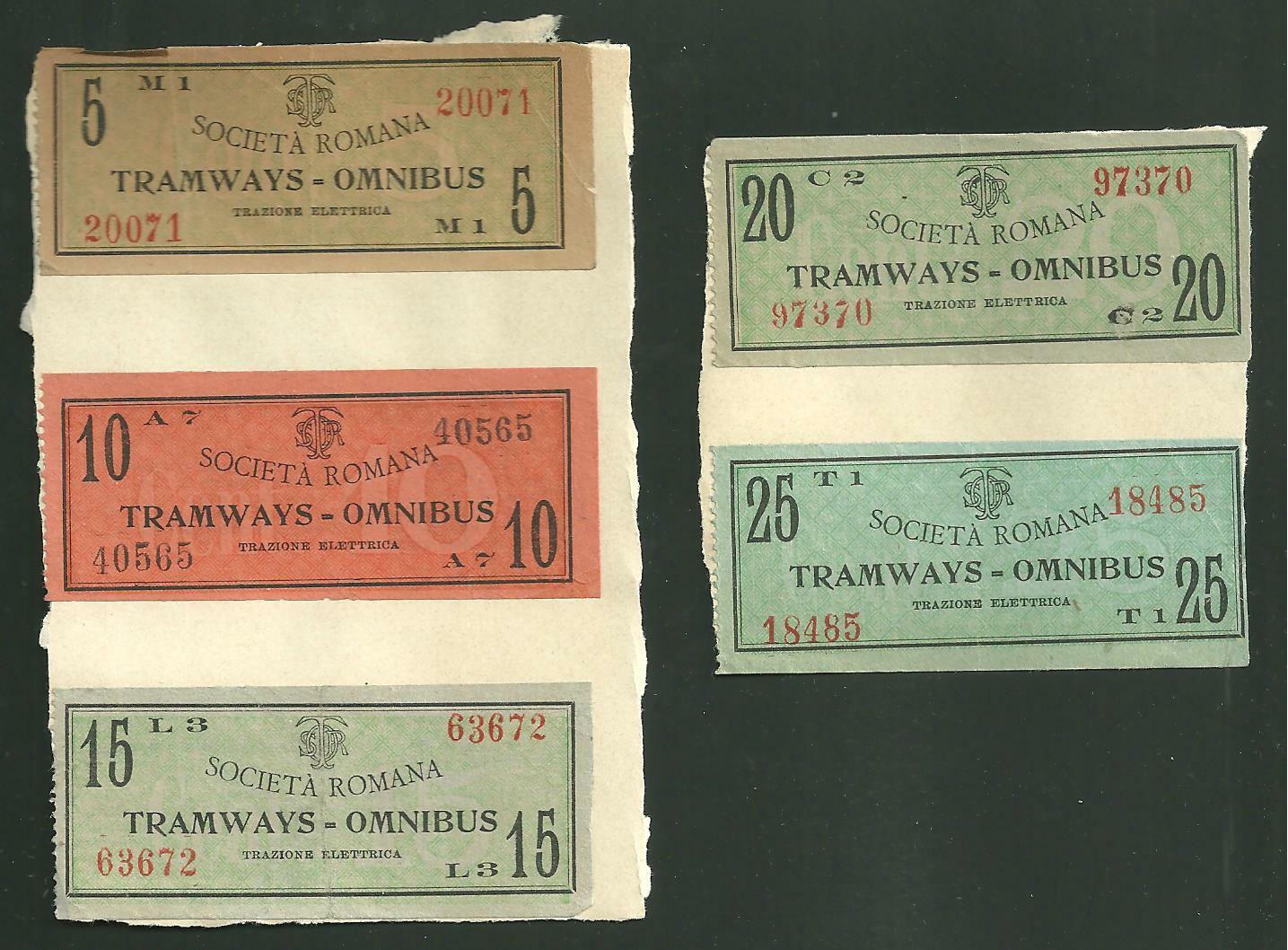 5 Societa Romana Tramways Omnibus Trazione Elettrica Tickets Rome Italy 1900