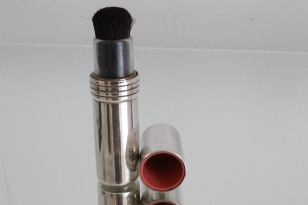 Vintage Solid Silver Blusher Brush with Rose Embossed Lid (Lipstick Size)
