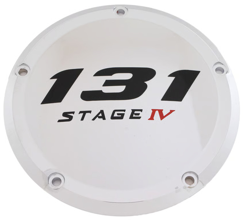 Custom Engraving LTD Displacement Derby Cover - 131 Cubic Inch Stage IV - Chrome