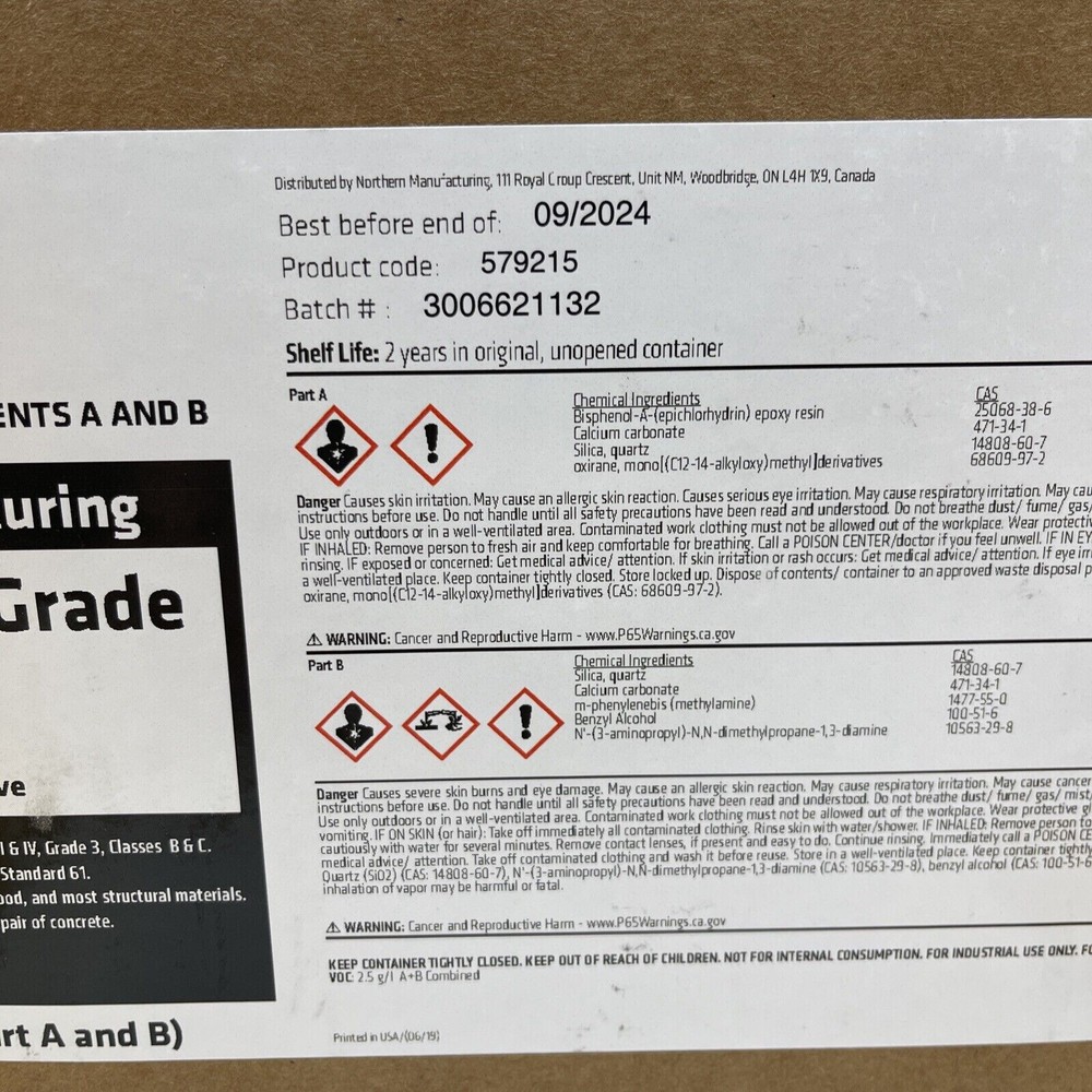 Construction Grade Epoxy paste adhesive Northern MFG 579215 components A B