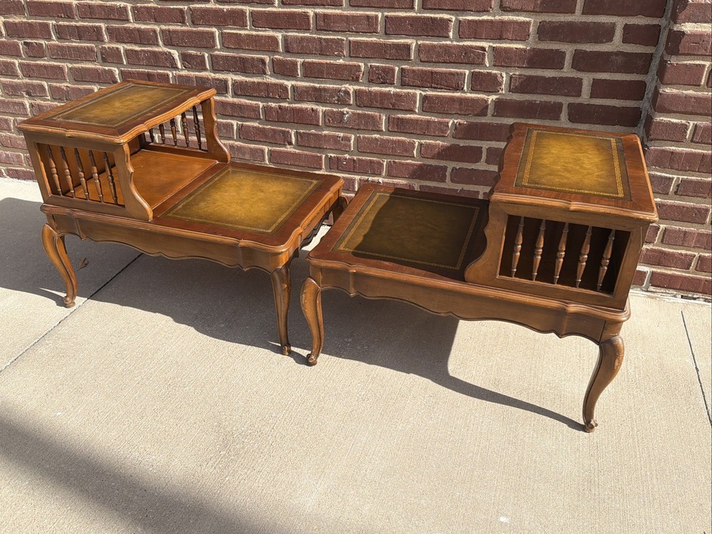 PAIR Step-Back Tooled Leather Top ANTIQUE Side End Tables