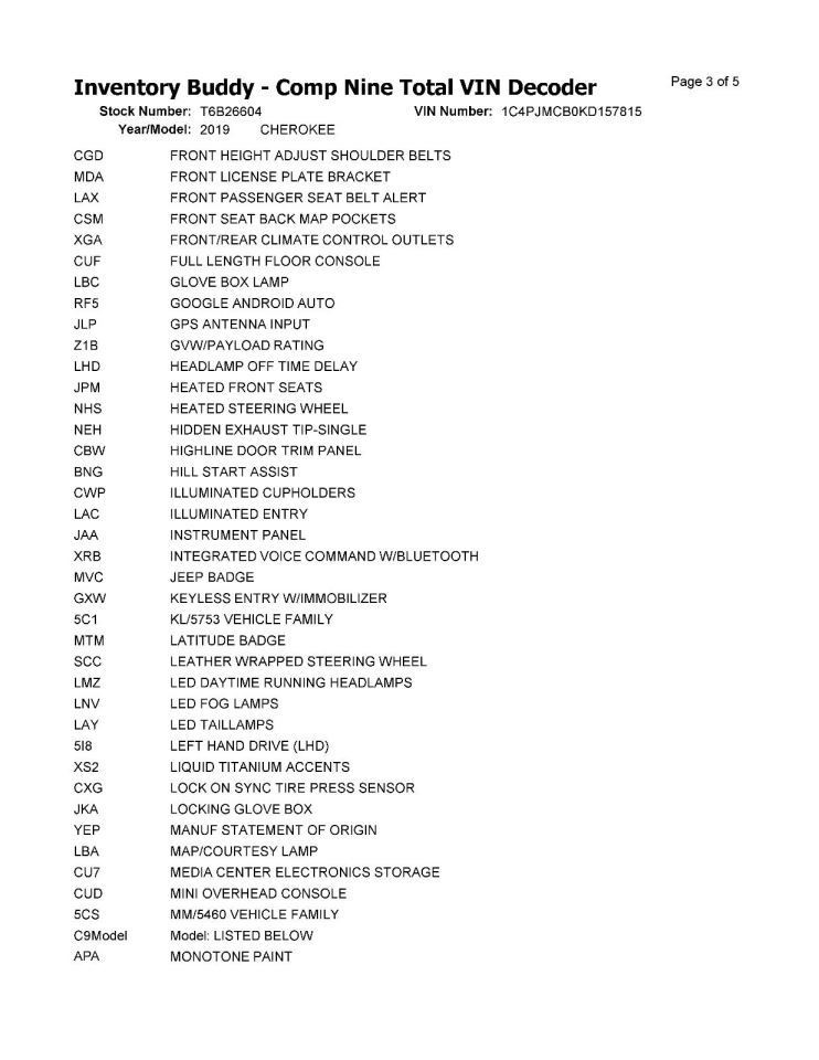 CHEROKEE 2019 Transmission Shift 1012824