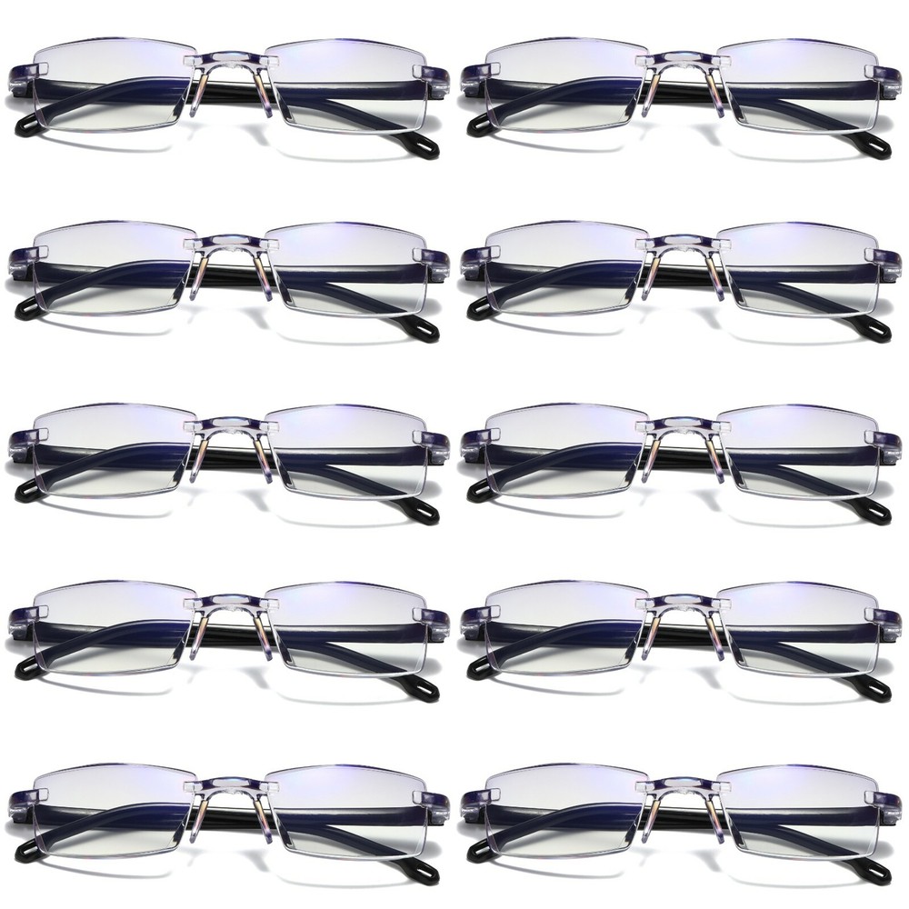 10PK Mens Rectangular Rimless Blue Light Blocking Reading Glasses Unisex Readers