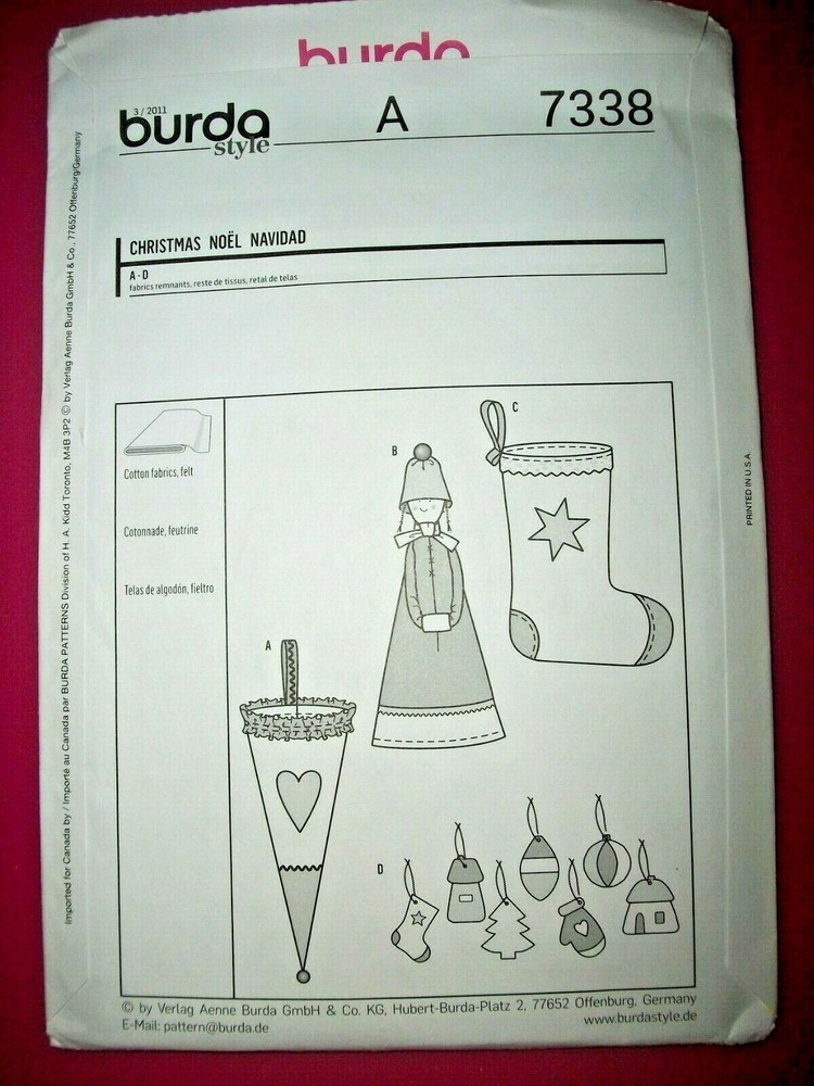 Burda 7338 Pattern Christmas Decorations Stocking Ornaments EASY Cone UNCUT FF