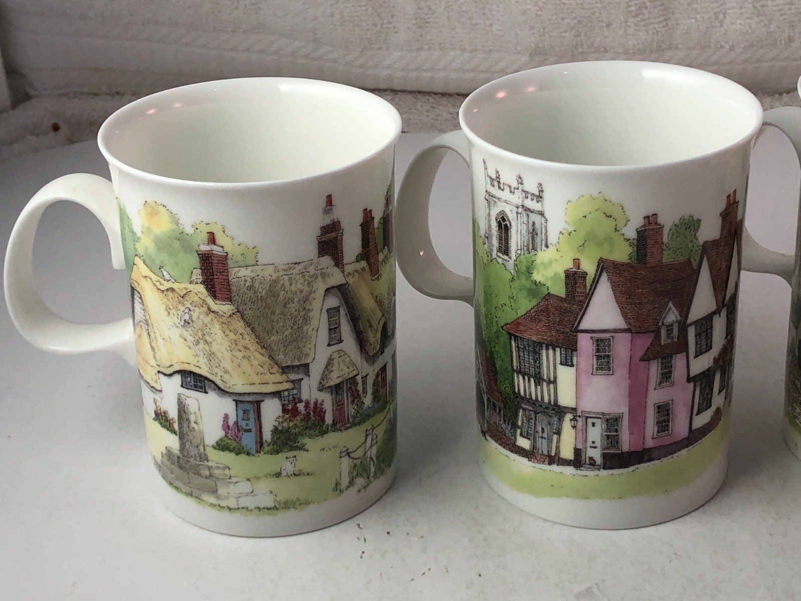 Set of 4 Dunoon Village Greens Bone China Coffee Cups Mugs Sue Scullard England