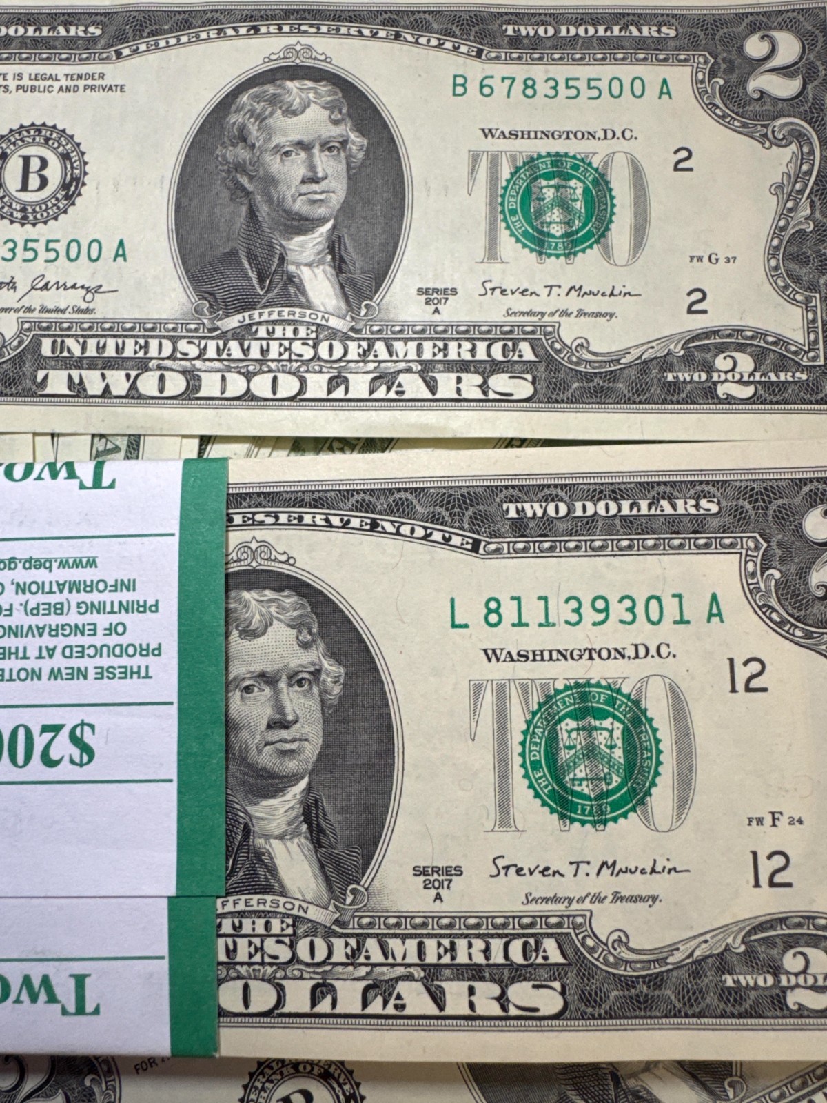 🇺🇸 Pack of 5 NEW UNC $2 Bills 2017 A Consecutive Serials Two Dollar REAL CASH