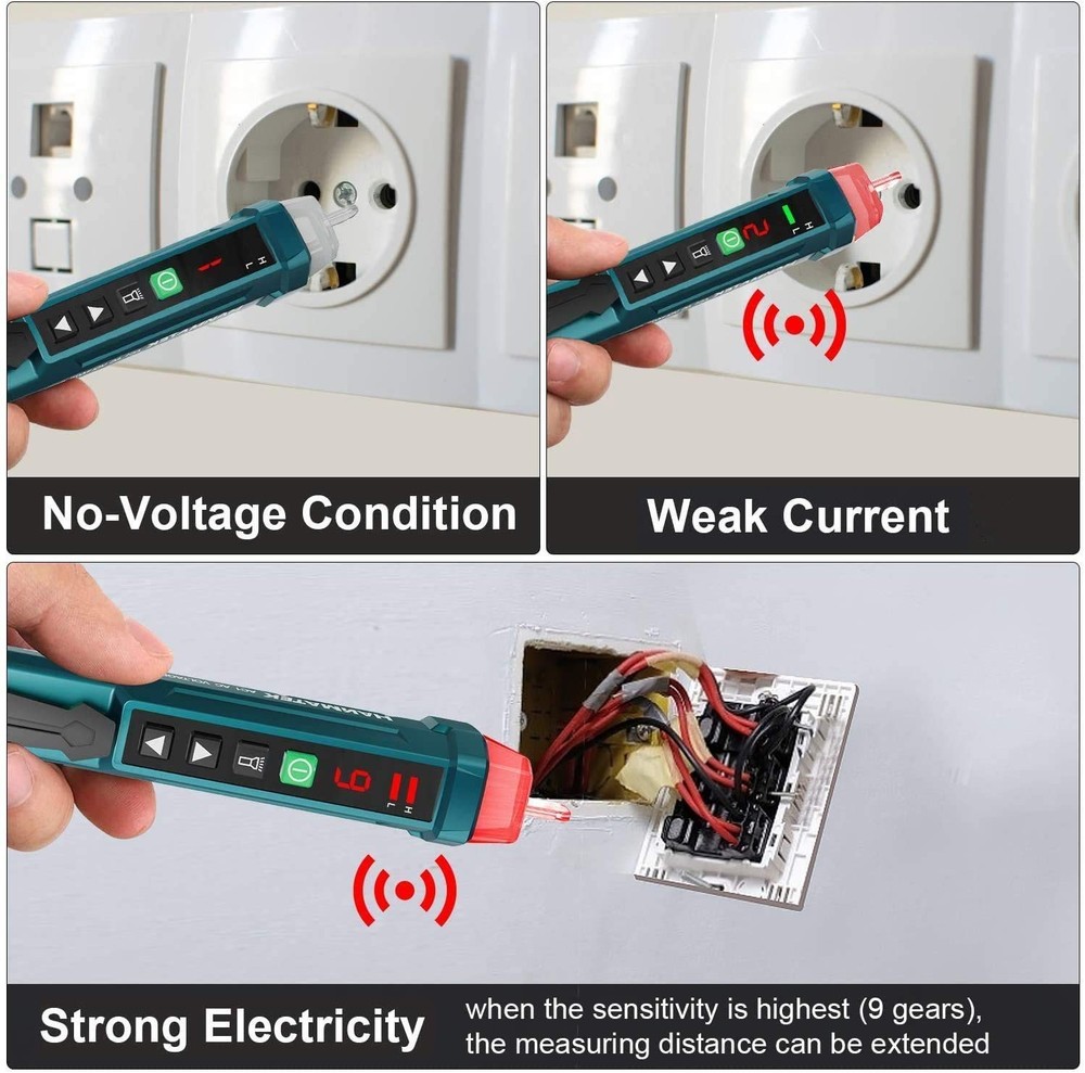 Digital AC Circuit Tester with 9 Adjustable Sensitivity Gears & LED Flashlight