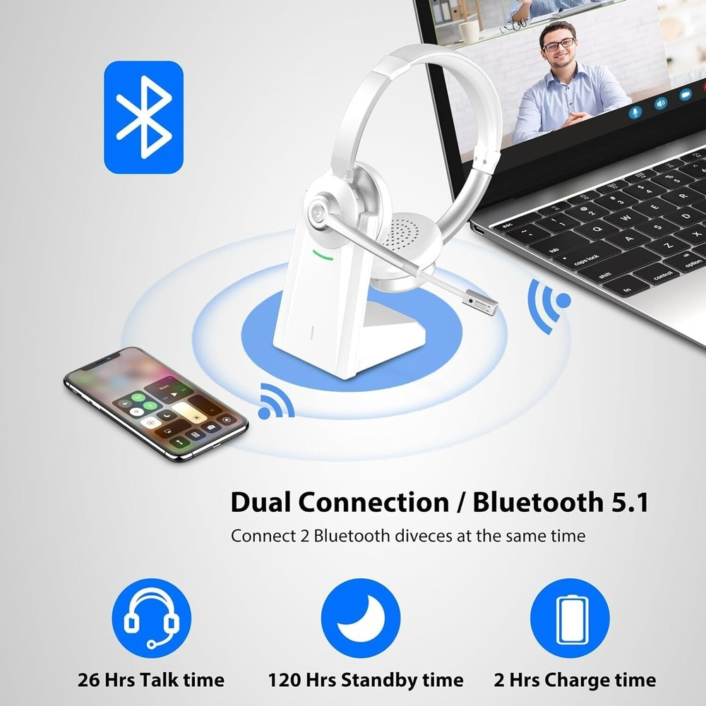 Wireless Headset, Bluetooth Headset V5.1 QCC, Wireless Headset with Microphone f