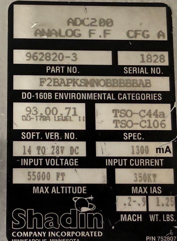 Air Data Computer ADC200 962820-3 Removed Working
