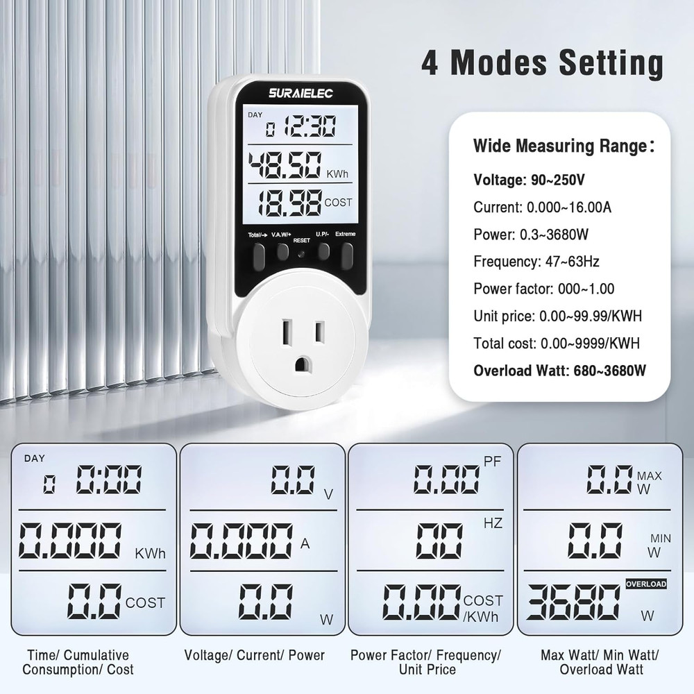 Watt Meter Plug-in Socket Power Meter 90V-250V Wide Range Backli...