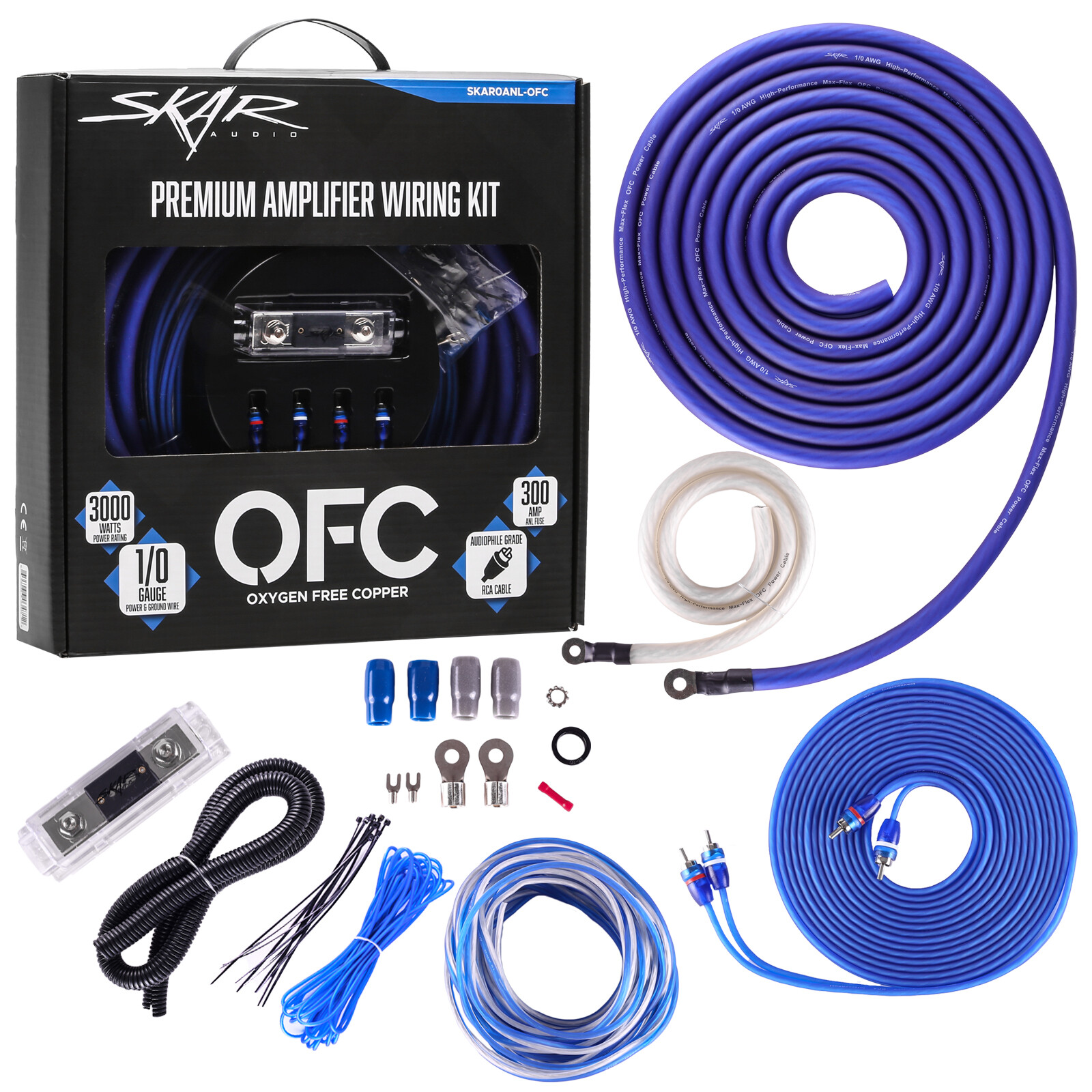 NEW SKAR AUDIO 1/0 GAUGE 3000 WATT OFC AMPLIFIER WIRING KIT W RCA (SKAR0ANL-OFC)