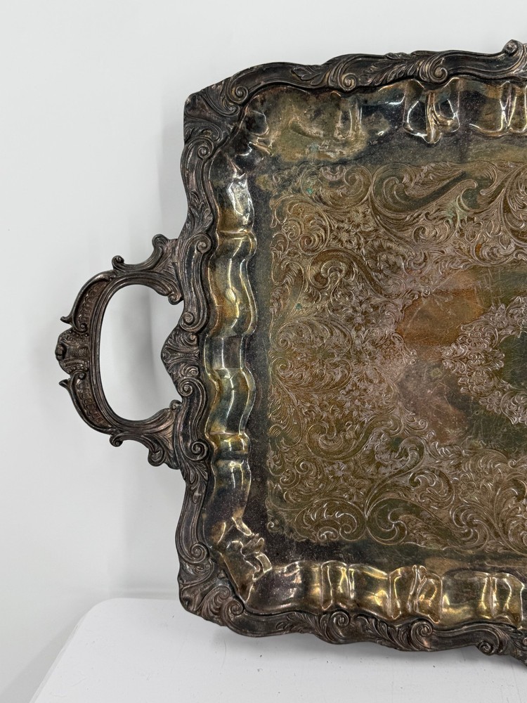 Vintage Silver Plated Copper Silver On Copper Ornate Engraved Serving Tray-25"