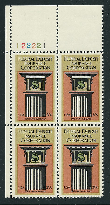 Scott #2071... 20 Cent.... FDIC... Plate Block
