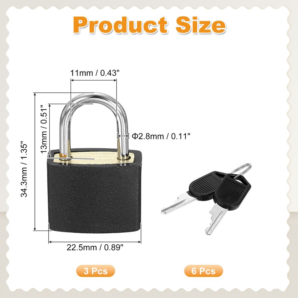 3 Pcs Padlock with Keys Shackle Waterproof Keyed Locks Black