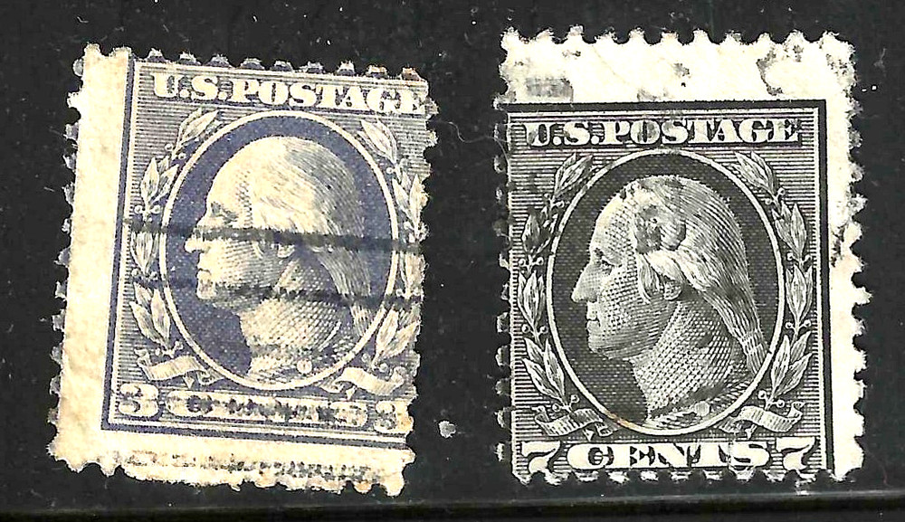 2 NIce Misperf Errors 3 & 7 Cent Washington Franklin 1908-1922 US 86A71