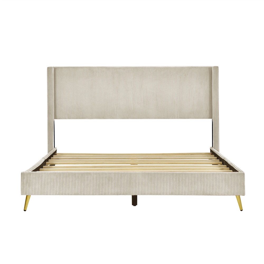 Queen Size Bed Frame Upholstered Platform Bed w/ Upholstered Headboard Beige