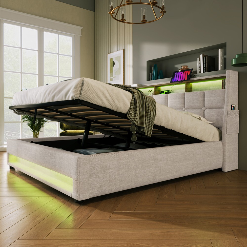 Queen Size LED Bed Frame Upholstered Platform Bed w/ Hydraulic Storage System