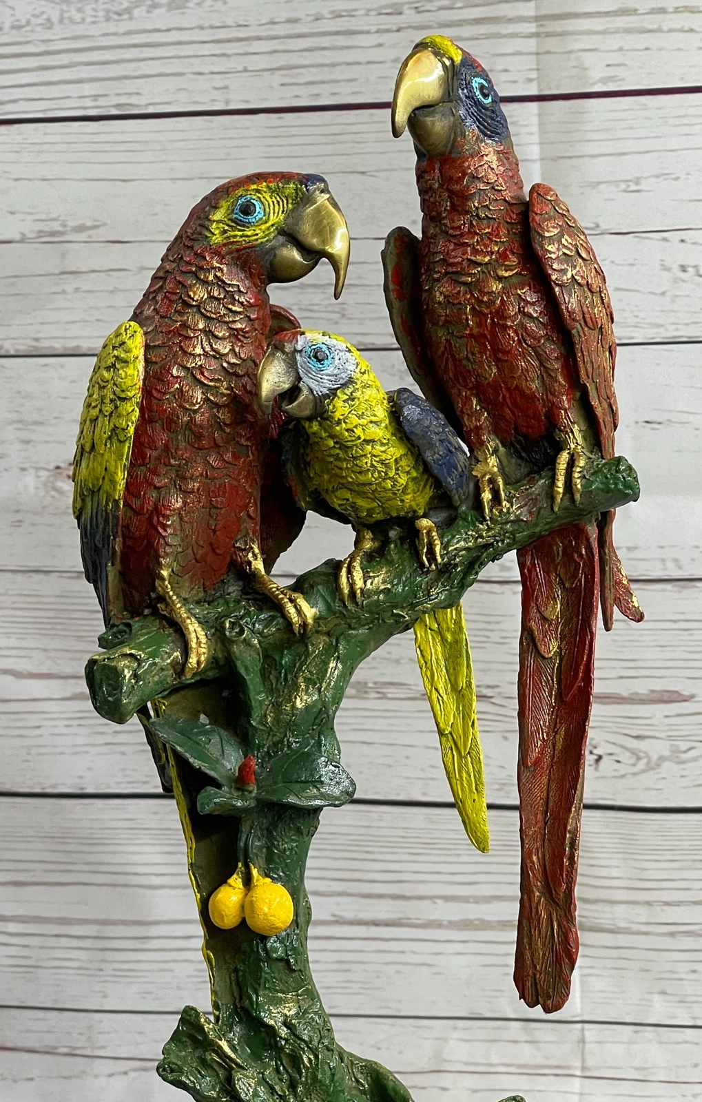 Three Macaw Parrots on a Branch Bronze Metal Statue Sculpture Colorful Decor Art