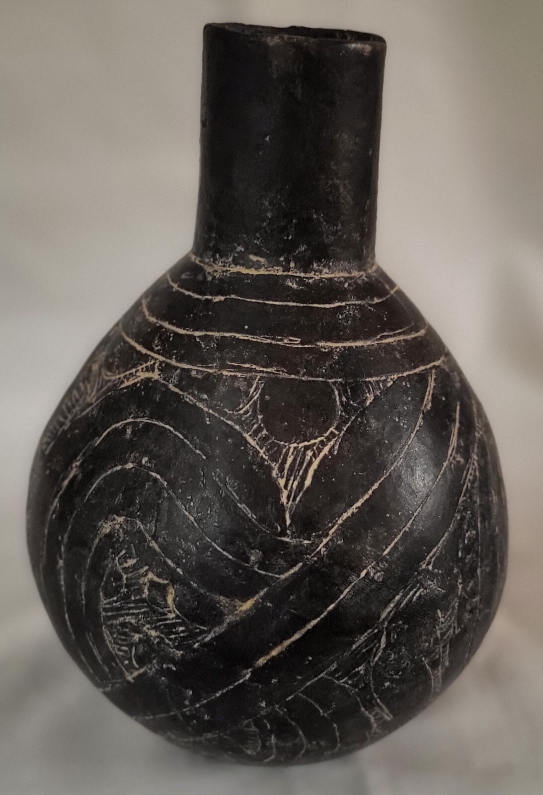 Black Haley Engraved Caddo WaterBottle Ancient Native American Indian Pottery