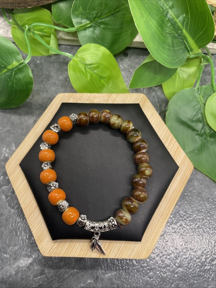 Handmade Ceramic Bead Beaded Stackable 6.5” Plus Stretch Bracelet New B215
