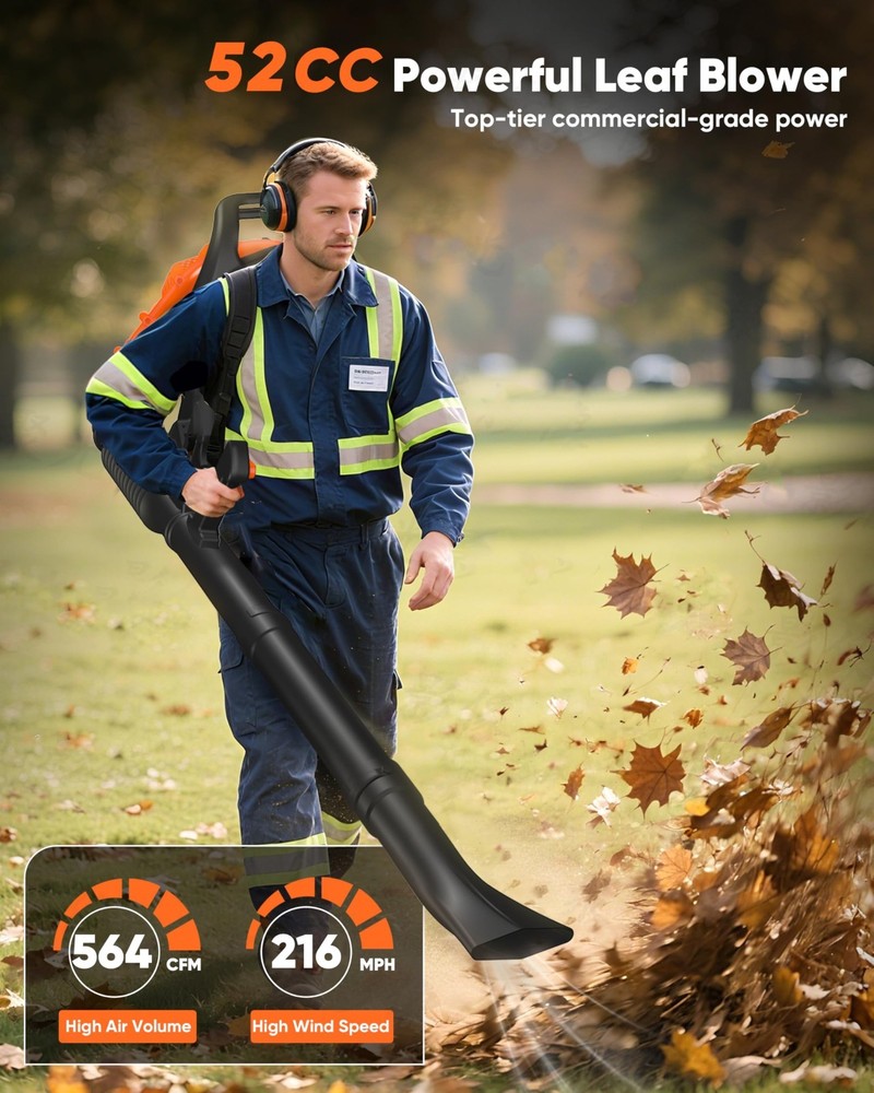 Backpack Leaf Blower Gas Powered Snow Blower 564CFM 216MPH 52CC 2-Stroke Engine
