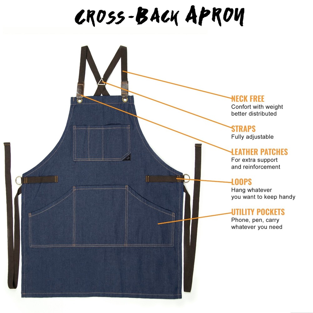Work Apron - Pro Denim or Twill, Leather Trim, CrossBack - Chef, Bartender
