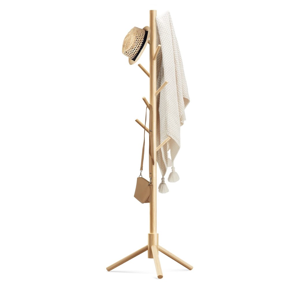 Wooden Coat Rack Stand 8 Hooks Adjustable Pine Entryway Organizer