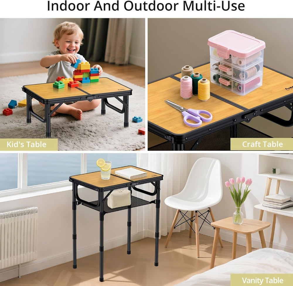 2ft Camping Table Foldable W/ Storage Net 3 Adjustable Heights Aluminum Small