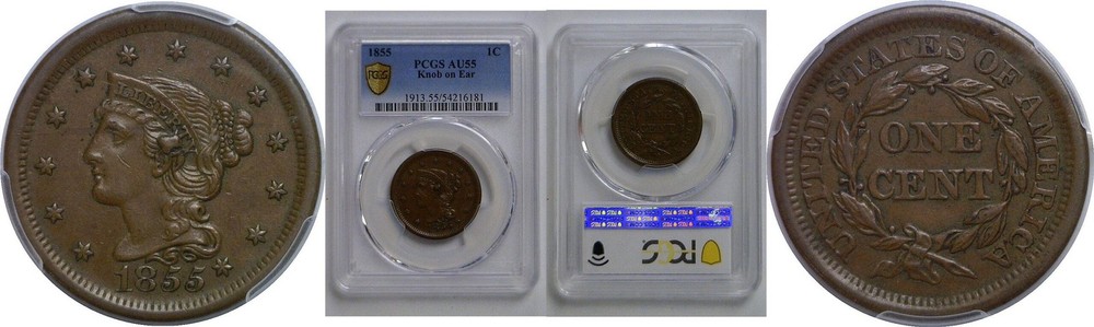 1855 Knob on Ear   Large Cent   PCGS AU-55