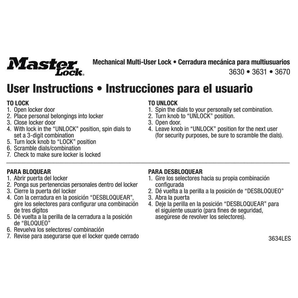 MASTER LOCK 3634LES Master Lock, Instruction Sticker,PK10 31MH09