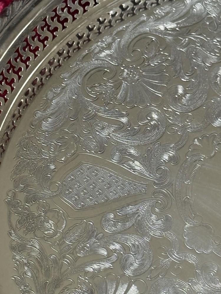 VTG Silver-plate 13” Tray Oneida USA with Scroll Etching Raised Rim Pierced.