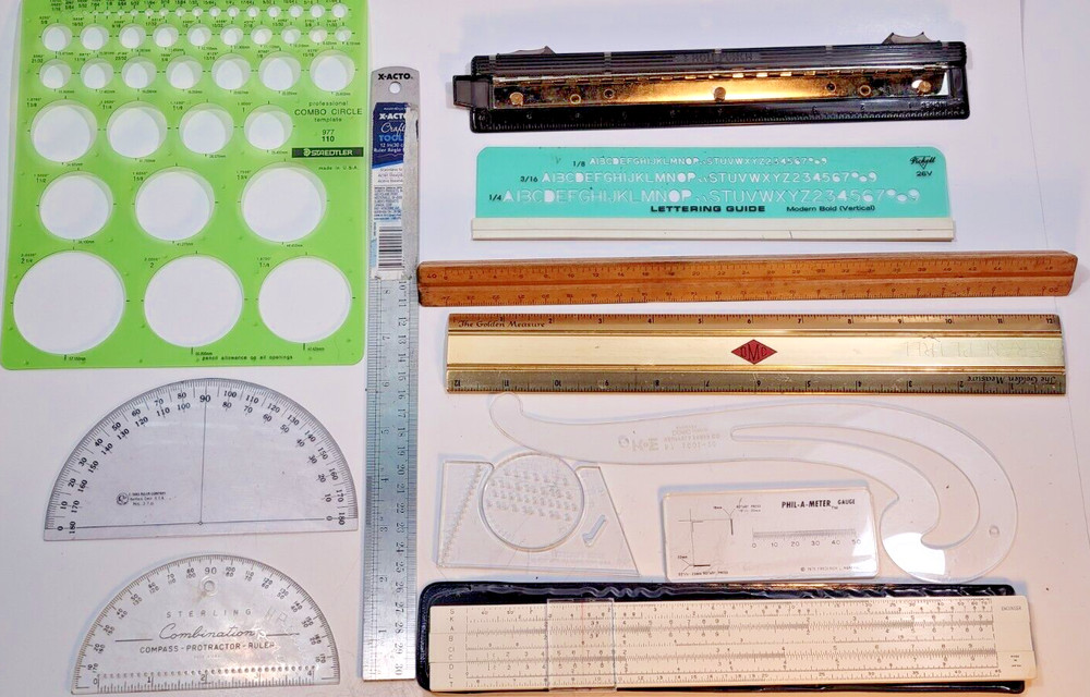 Lot Drafting Engineering Mechanical Drawing Instruments Templates Rulers Slide