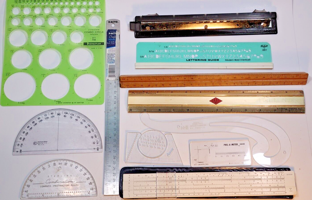 Lot Drafting Engineering Mechanical Drawing Instruments Templates Rulers Slide