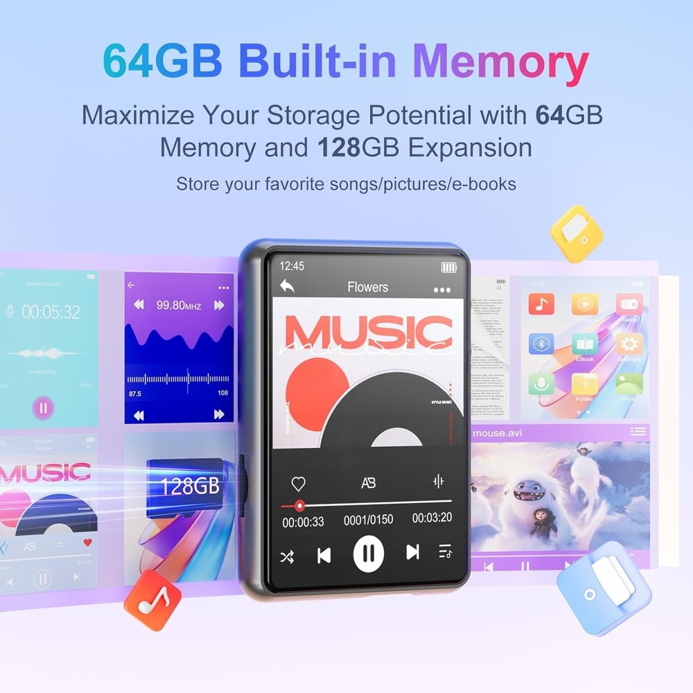 High-Quality 64GB Bluetooth MP3 Player with Touch Screen & Speaker - Gray