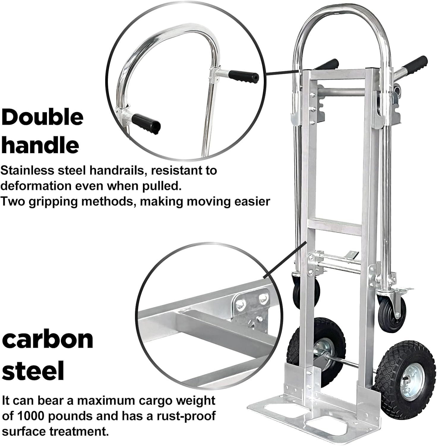 3 in 1 Convertible Hand Truck Dolly Cart Heavy Duty 1000lb Capacity 4 Wheel Furn