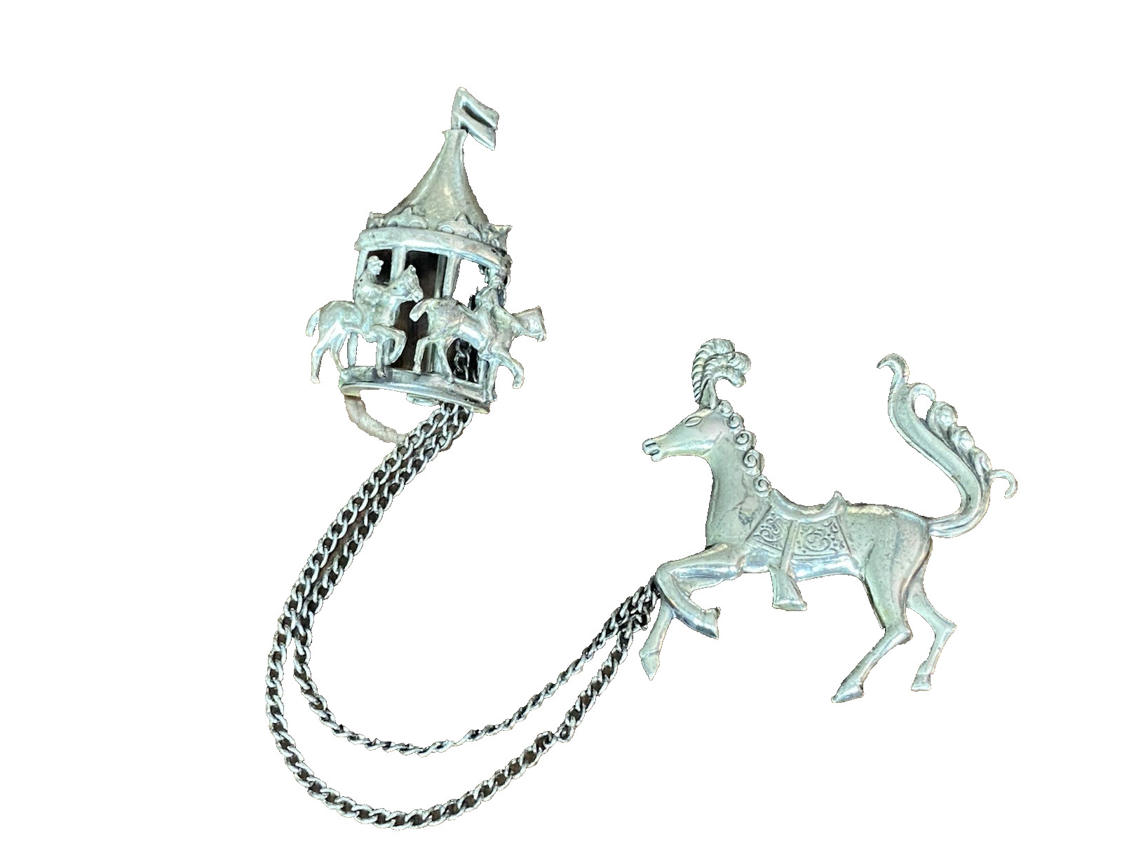 CAROUSEL HORSE and CAROUSEL on chain -LANG - STERLING SILVER - BROOCH/PIN  14 gr