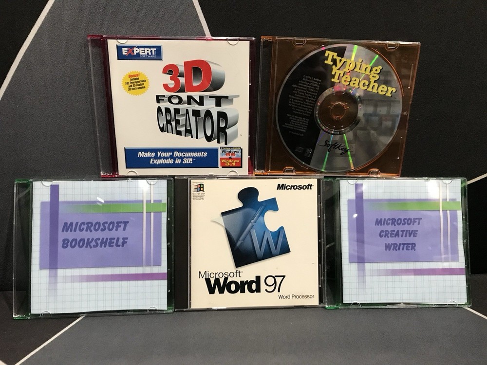 Windows95 Lot5 CD-ROM MicrosoftWord97 Bookshelf CreativeWrite2 3dFont TypingTeac
