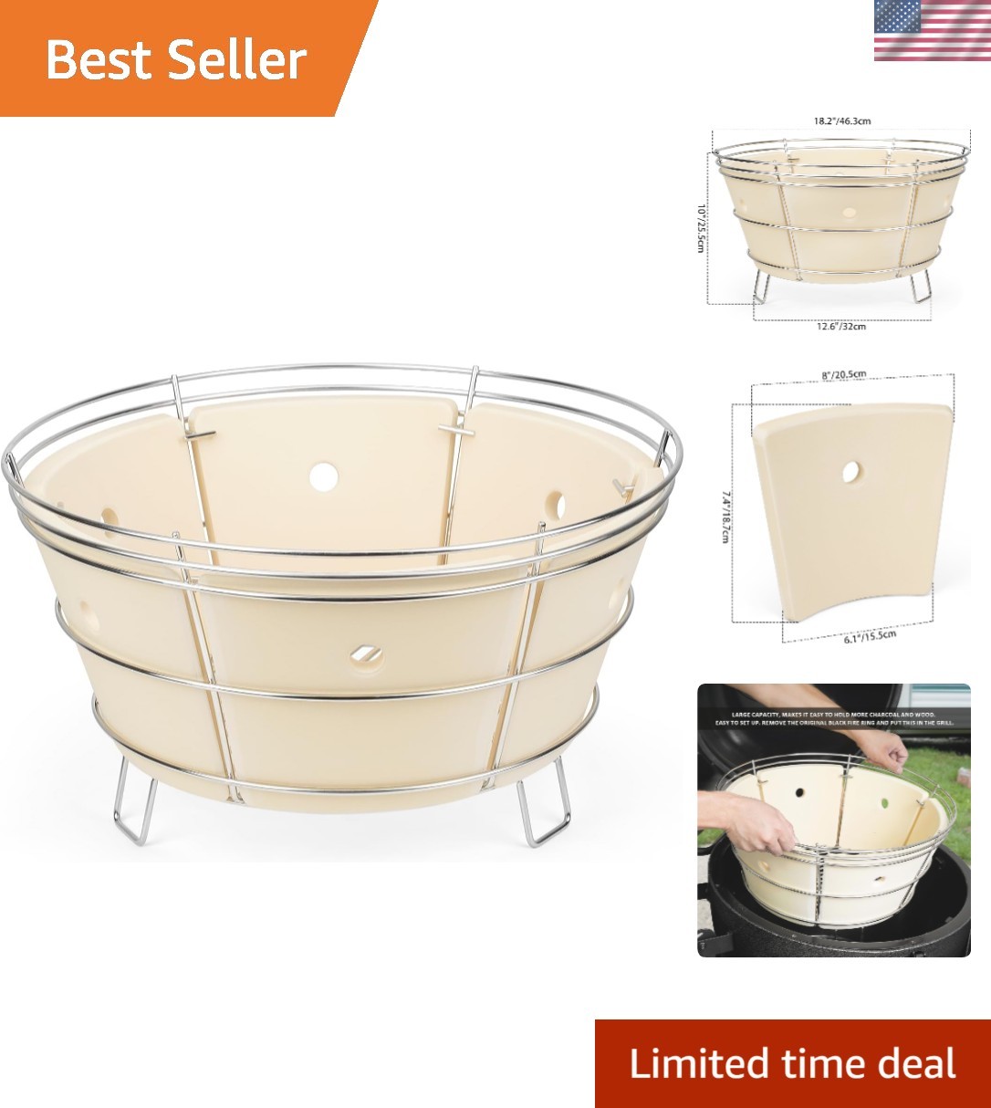 Charcoal Firebox Set, Stainless Steel Charcoal Ash Basket with Heat Deflector...