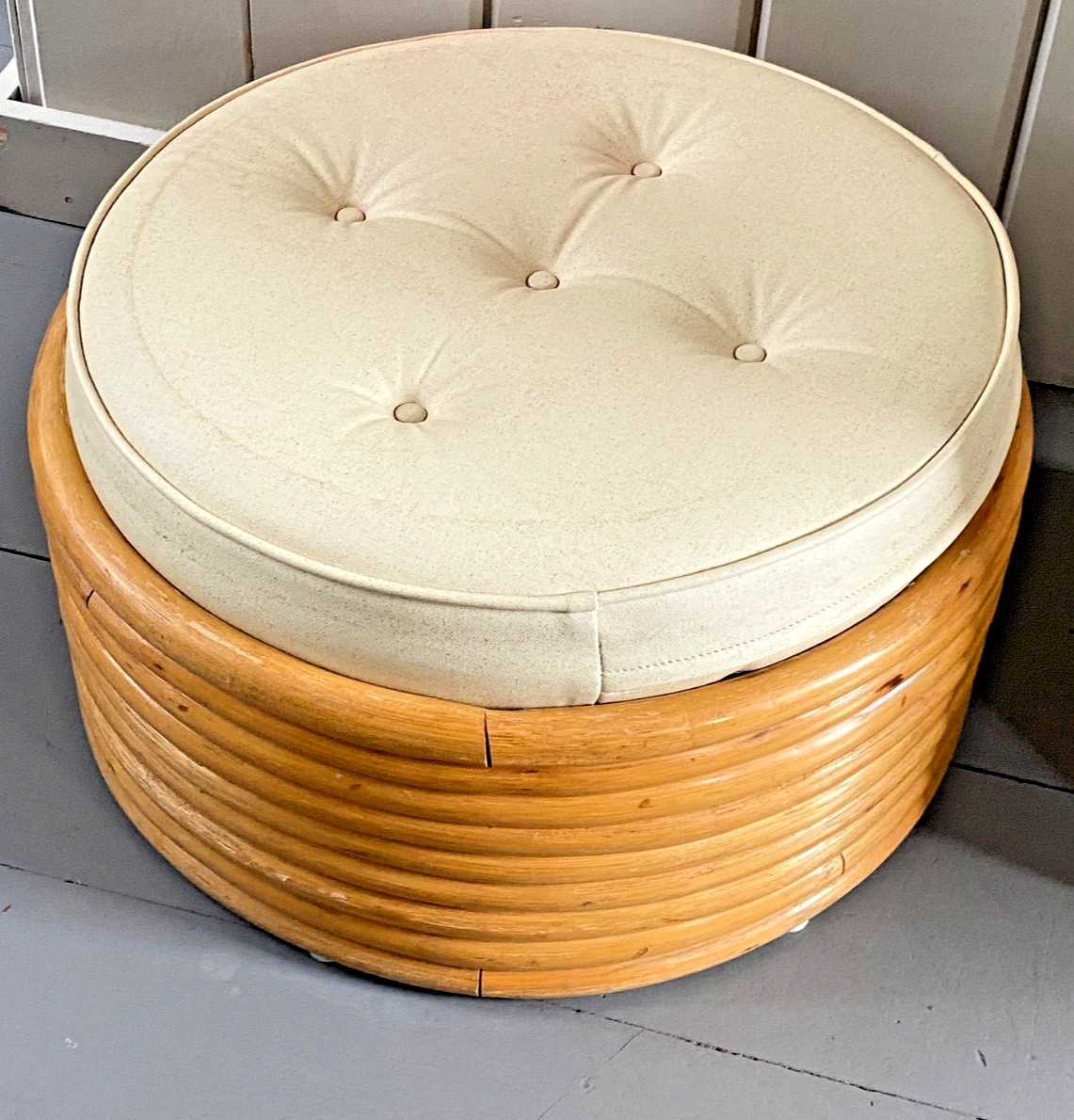 MCM Stacked 9 Band Bent Rattan Bamboo Ottoman Footstool Cushion Vtg Mid-Century