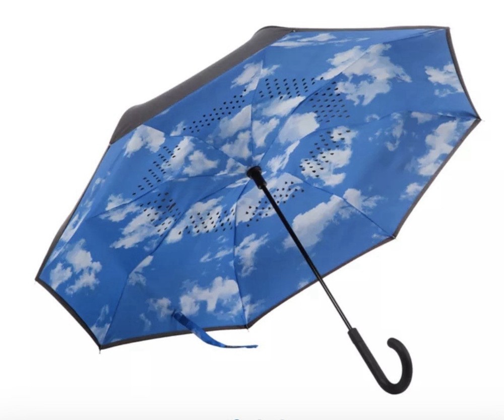 Totes Inbrella Reverse Close Folding Umbrella Light Blue Sky Clouds Pattern NWT