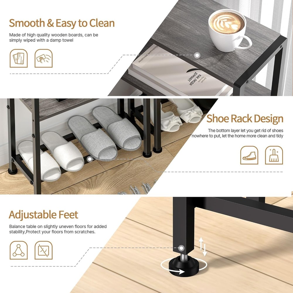 Narrow Side Table Small Space 2-Tier Small End Table W/ Shelf Holder Durable New