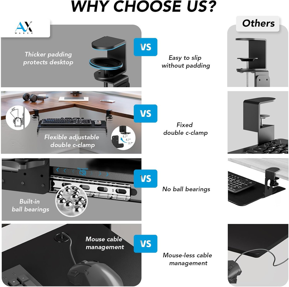 Keyboard Tray under Desk Pull Out with Extra Sturdy Adjustable C Clamp Mount Sys