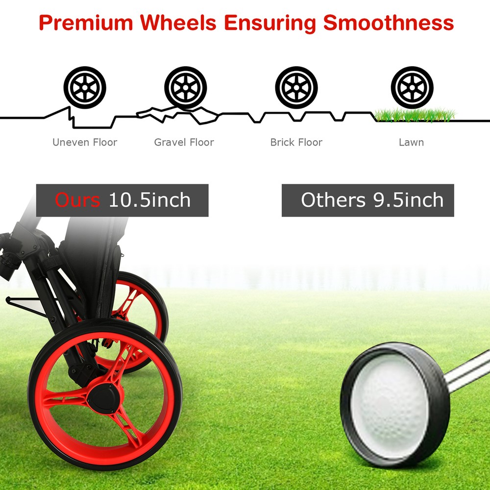 3-Wheel Foldable Golf Push Pull Cart Trolley w/ Seat Adjustable Handle Red