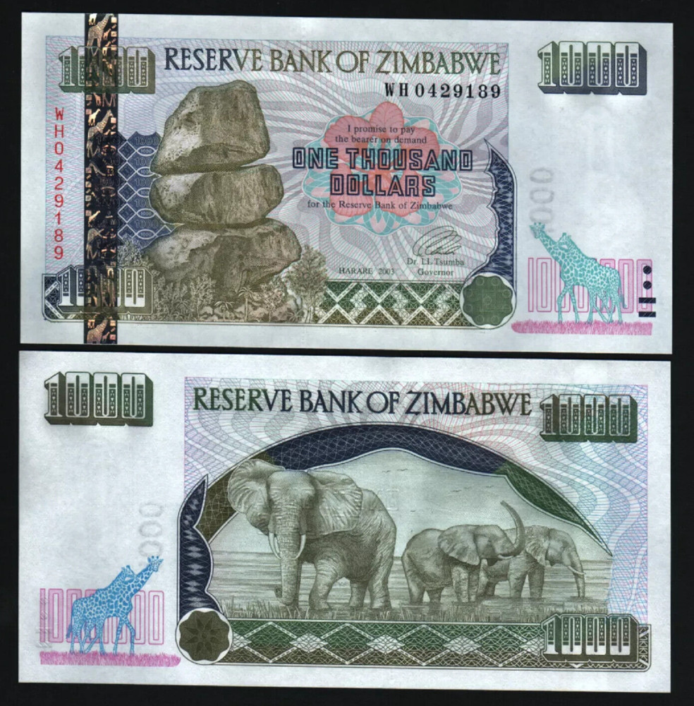 Zimbabwe 1000 DOLLARS P-12a LARGE LET 2003 Silver Foil UNC Elephant Giraffe NOTE