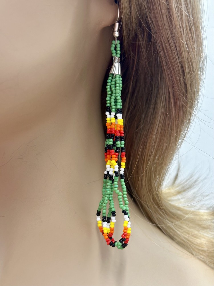 Handmade beaded long Green hook earrings